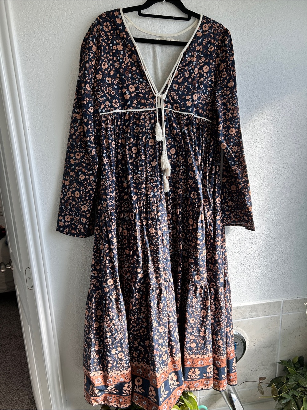 Christy Dawn Bohemian Floral Long-Sleeve Maxi Dress in Navy and Rust